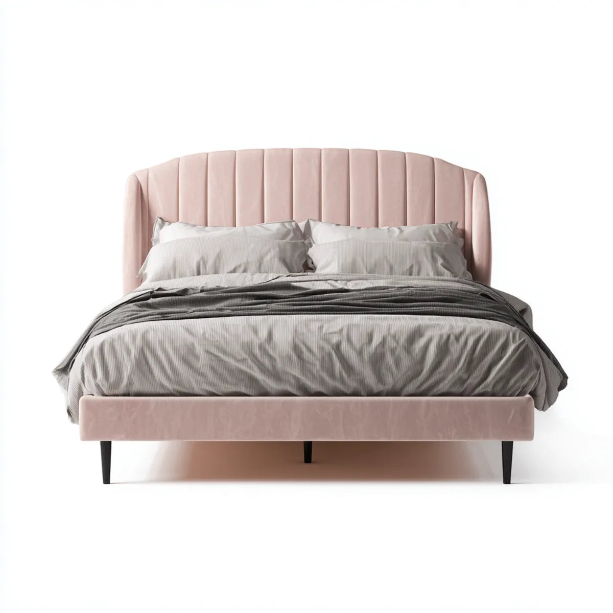 Lit double rose poudré 160 x 200 cm en polyester avec tête de lit capitonnée arrondie