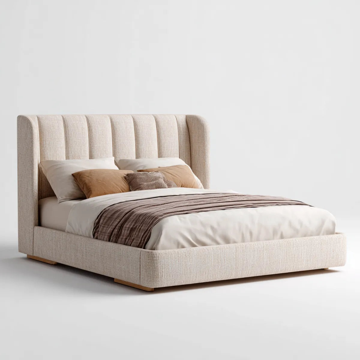 Lit double beige 160 x 200 cm en polyester avec tête de lit rembourrée rectangulaire