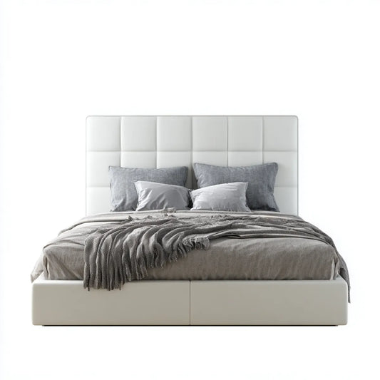 Lit double capitonné blanc 160 x 200 cm en cuir synthétique PU rectangulaire
