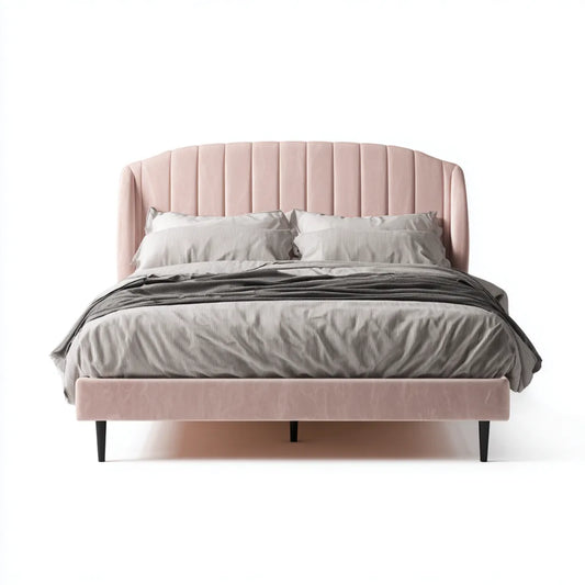 Lit double rose poudré 160 x 200 cm en polyester avec tête de lit capitonnée arrondie