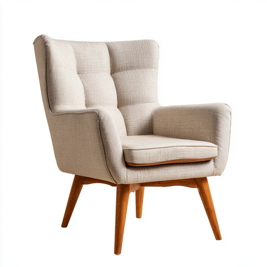 Fauteuil bergère beige à dossier haut capitonné en polyester avec pieds en bois d'hévéa 78 x 85 x 102 cm
