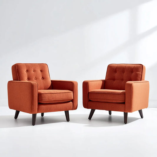 Lot de 2 fauteuils de salon orange en polyester capitonné avec pieds en hévéa massif 76 x 78 x 85 cm