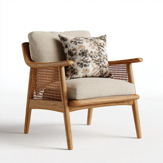Fauteuil de salon beige à accoudoirs en chêne massif et rotin naturel avec coussin fleuri 72 x 78 x 82 cm