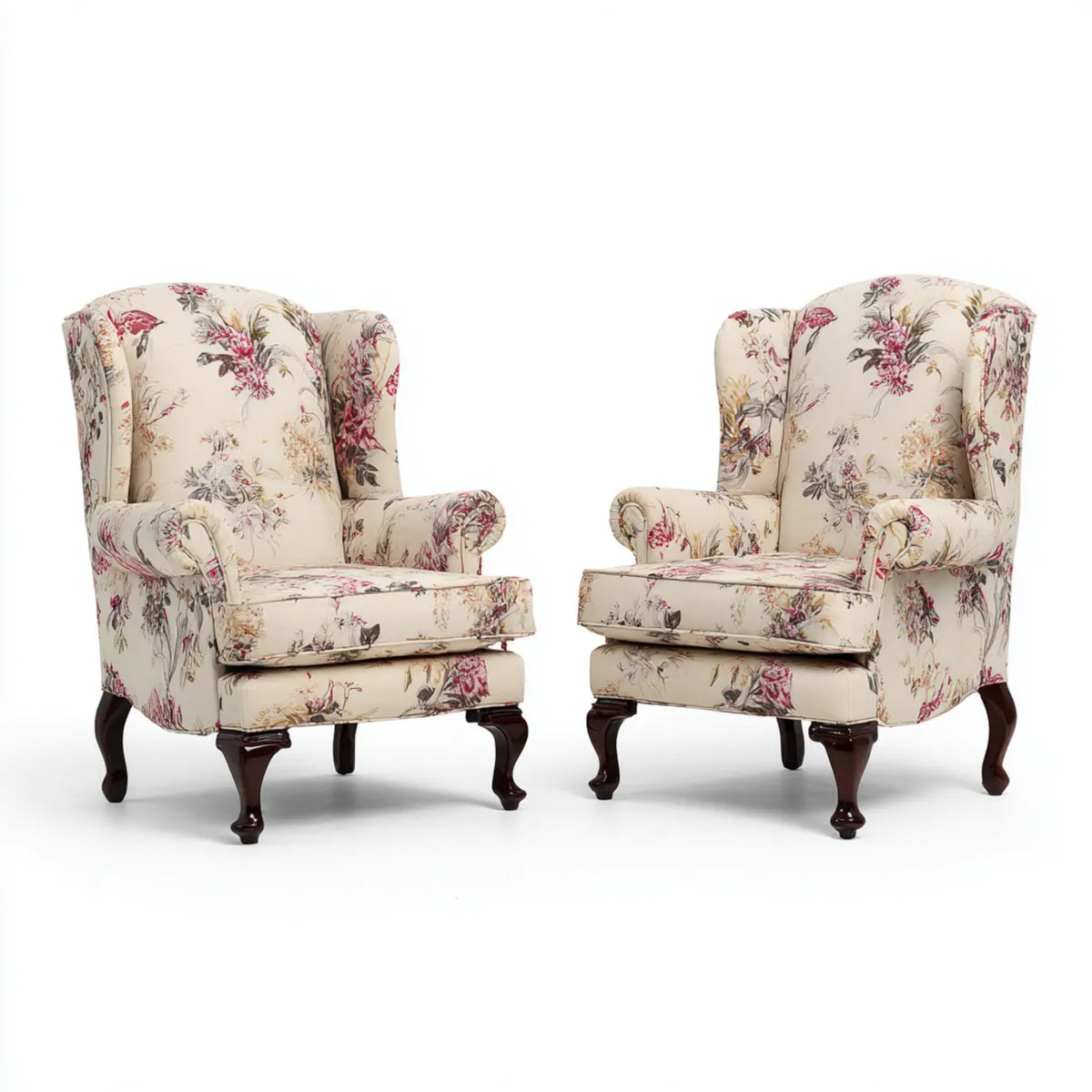 Lot de 2 fauteuils à oreilles crème à motif floral en polyester avec pieds en bois d'hévéa 78 x 86 x 108 cm