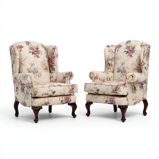 Lot de 2 fauteuils à oreilles crème à motif floral en polyester avec pieds en bois d'hévéa 78 x 86 x 108 cm