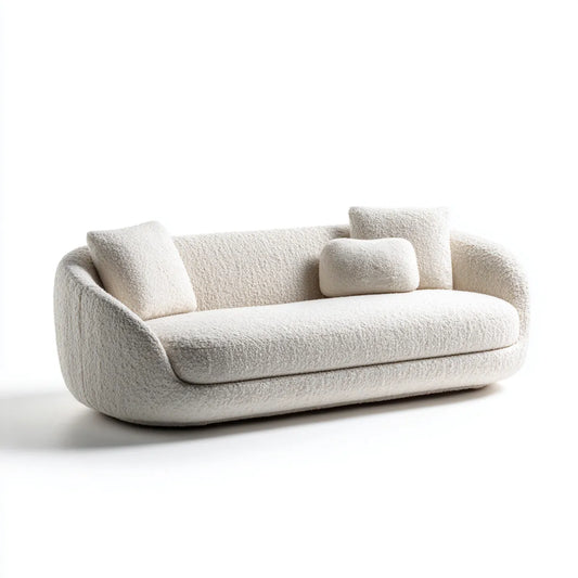 Canapé 3 places crème en polyester bouclé forme arrondie 220 x 95 x 75 cm