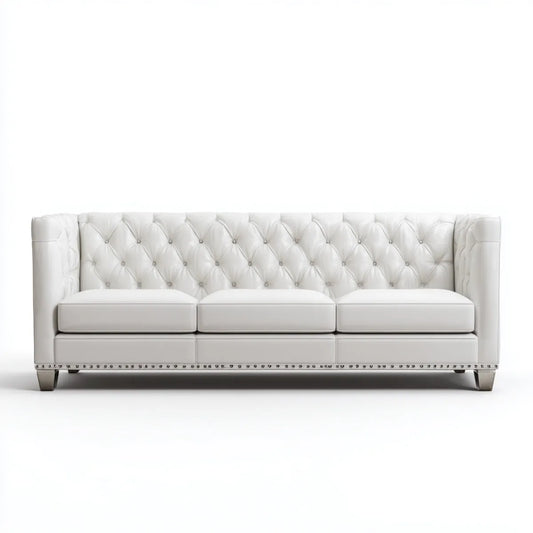 Canapé droit 3 places blanc en cuir synthétique PU capitonné 210 x 90 x 80 cm