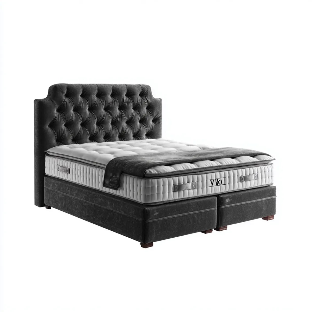 Lit double capitonné avec matelas à ressorts ensachés gris anthracite et blanc 160 x 200 cm en velours polyester rectangulaire