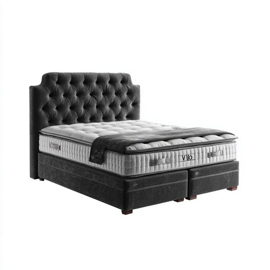Lit double capitonné avec matelas à ressorts ensachés gris anthracite et blanc 160 x 200 cm en velours polyester rectangulaire