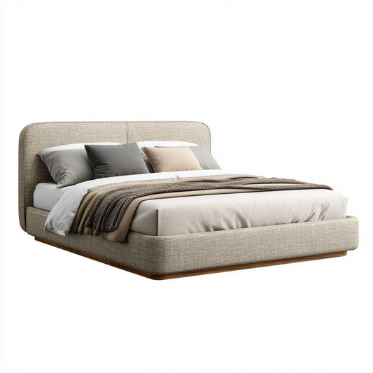 Lit double beige 160 x 200 cm en polyester et contreplaqué avec tête de lit arrondie