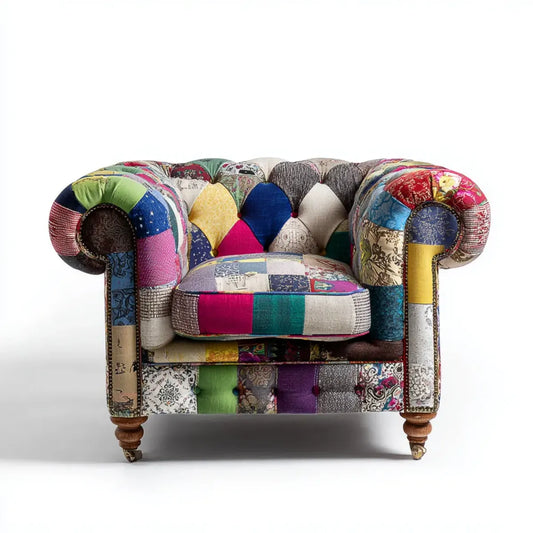 Fauteuil club patchwork multicolore en polyester et coton forme arrondie 110 x 90 x 92 cm